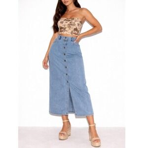 90s Vintage Liz Wear Light Wash Denim Midi Skirt Womens L 12 Full Button Front